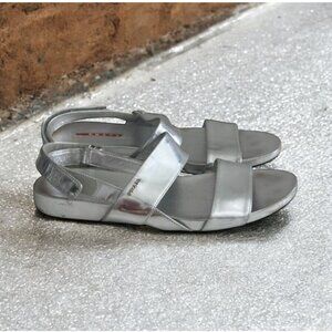 PRADA Silver Leather Double Strap Sandals Size 38.5